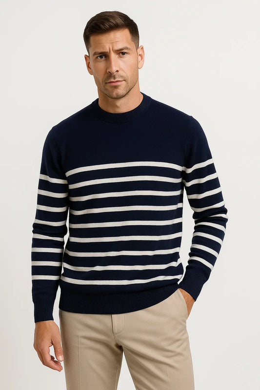 Men's Wool Sweater | Navy Stripe Knit | Classic O-Neck