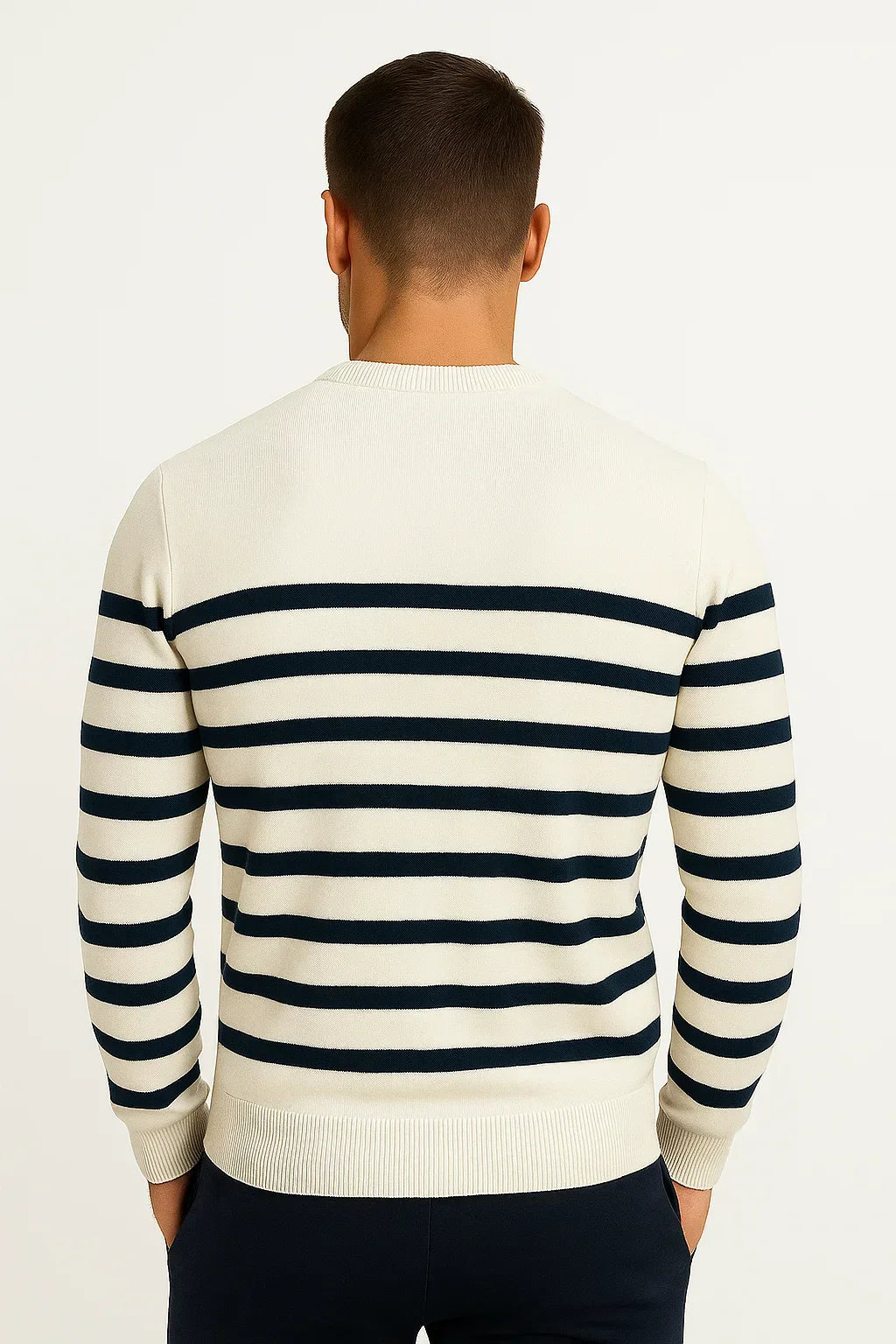 Men's Wool Sweater | Navy Stripe Knit | Classic O-Neck