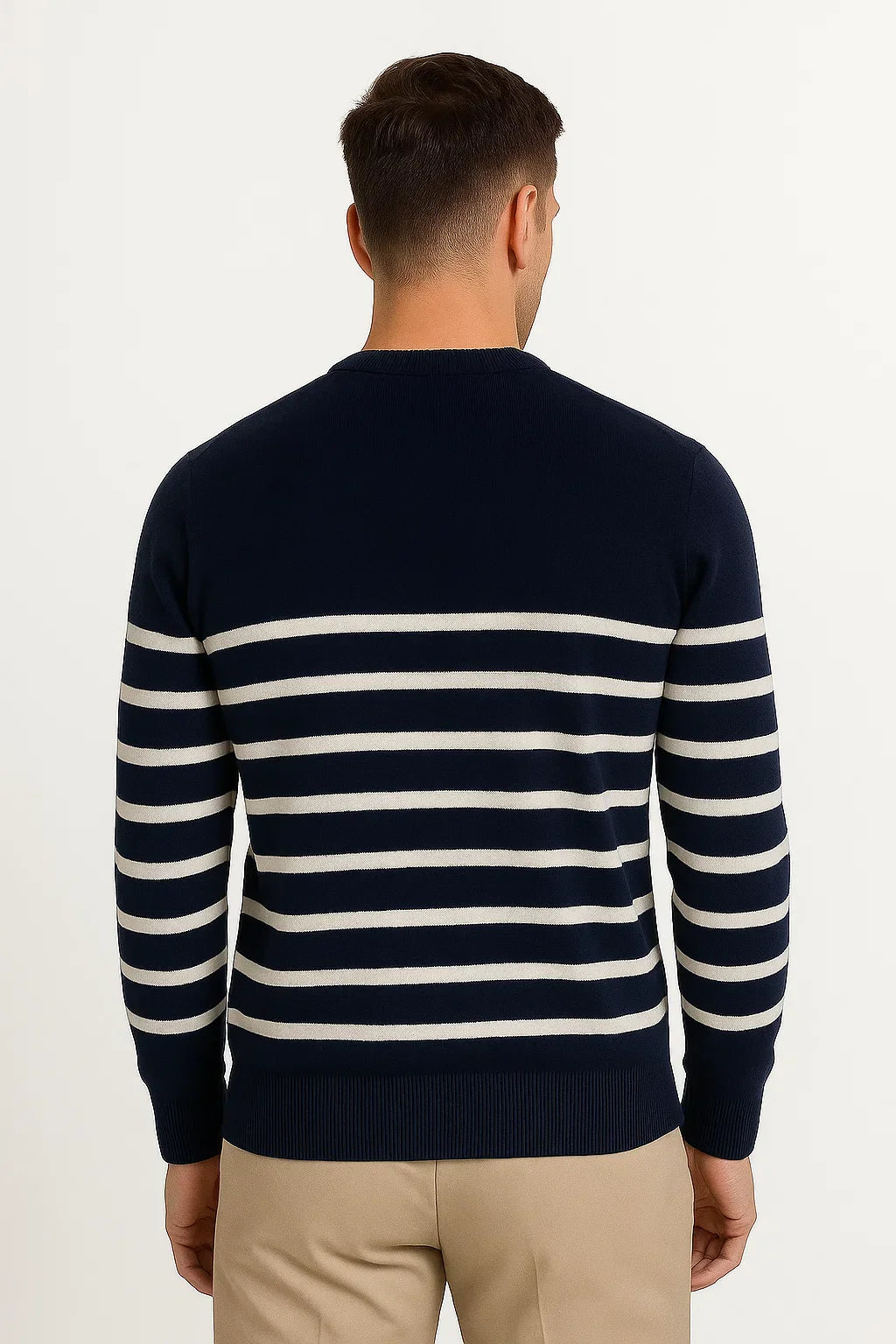 Men's Wool Sweater | Navy Stripe Knit | Classic O-Neck