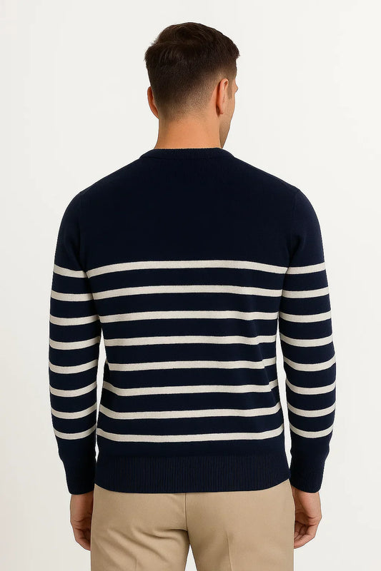 Men's Wool Sweater | Navy Stripe Knit | Classic O-Neck