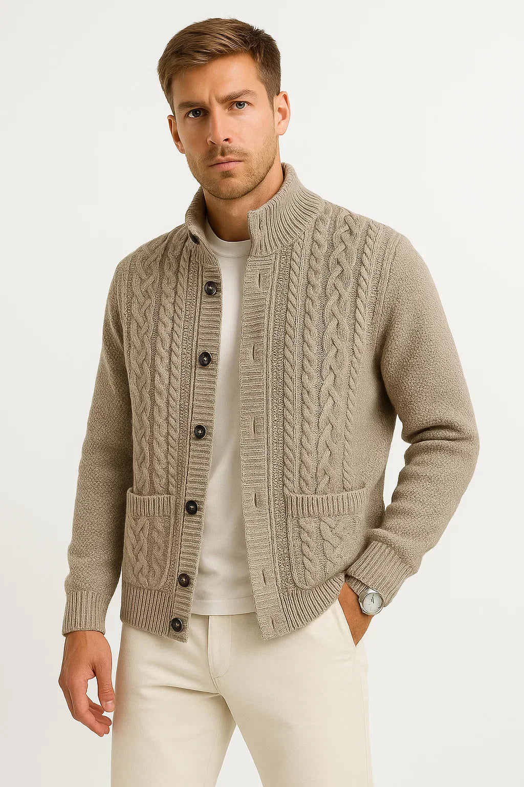 Men's Cable Knit Cardigan | Structured Collar | Textured Jacquard