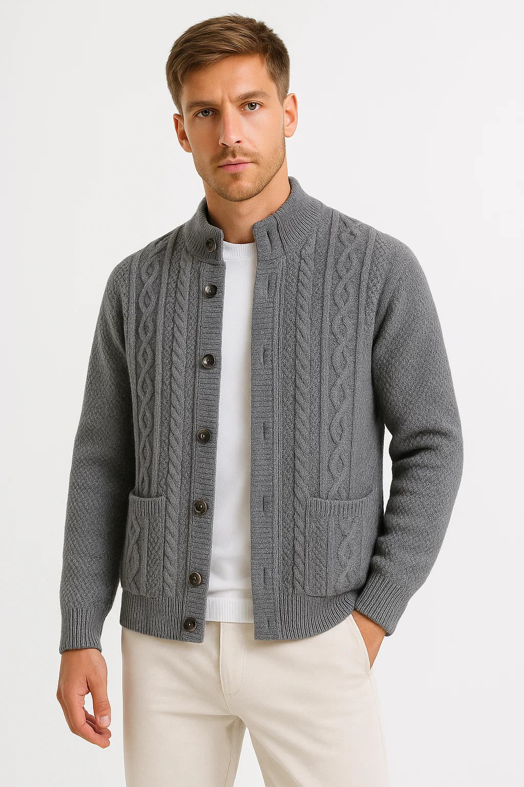 Men's Cable Knit Cardigan | Structured Collar | Textured Jacquard