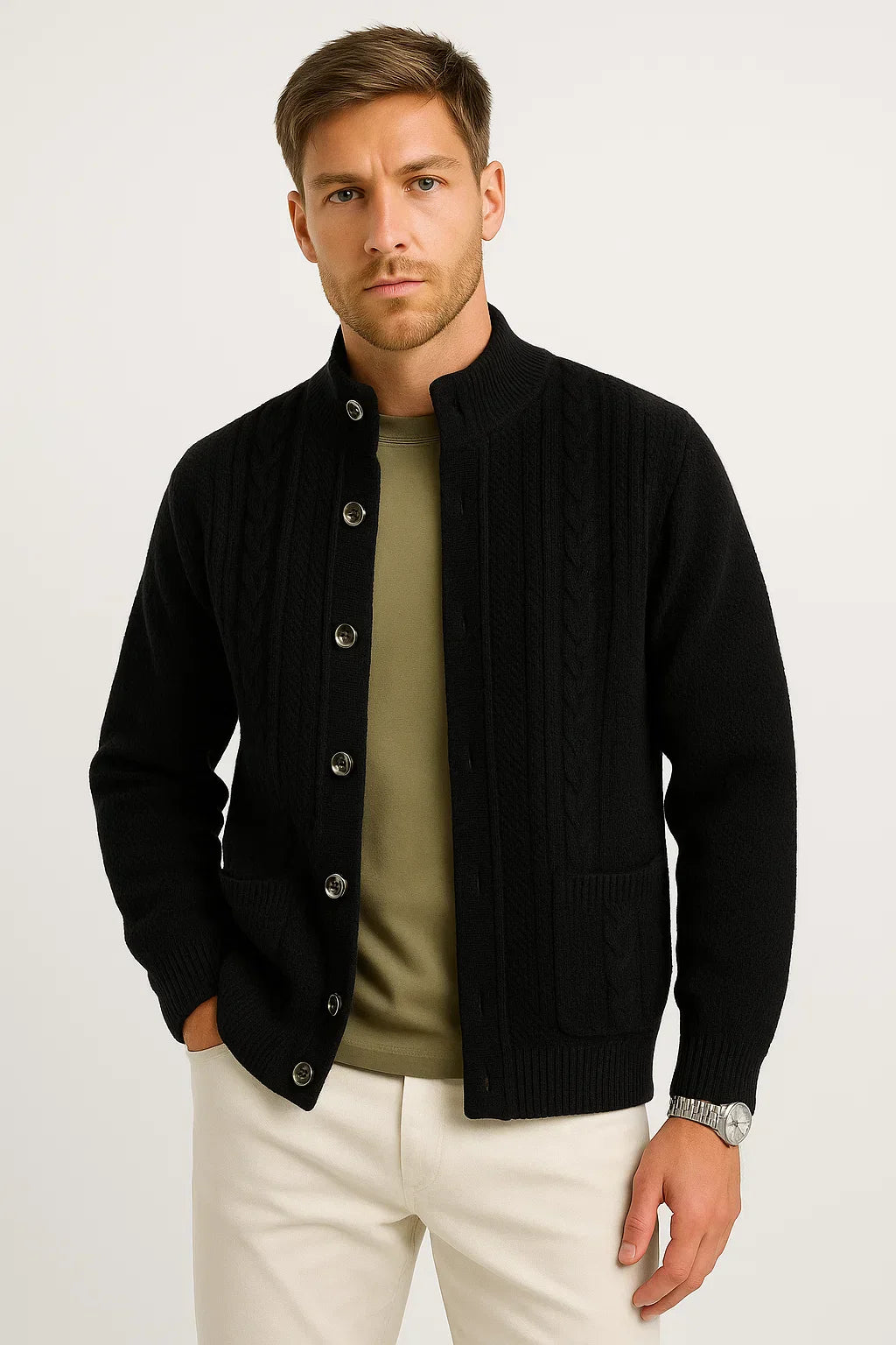 Men's Cable Knit Cardigan | Structured Collar | Textured Jacquard