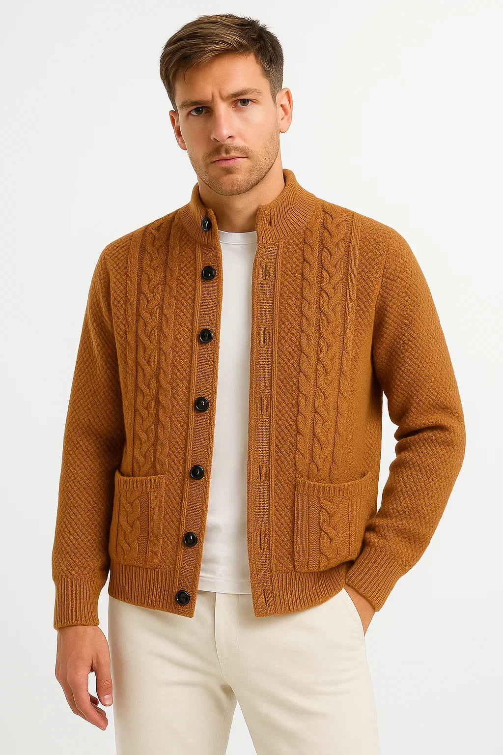 Men's Cable Knit Cardigan | Structured Collar | Textured Jacquard