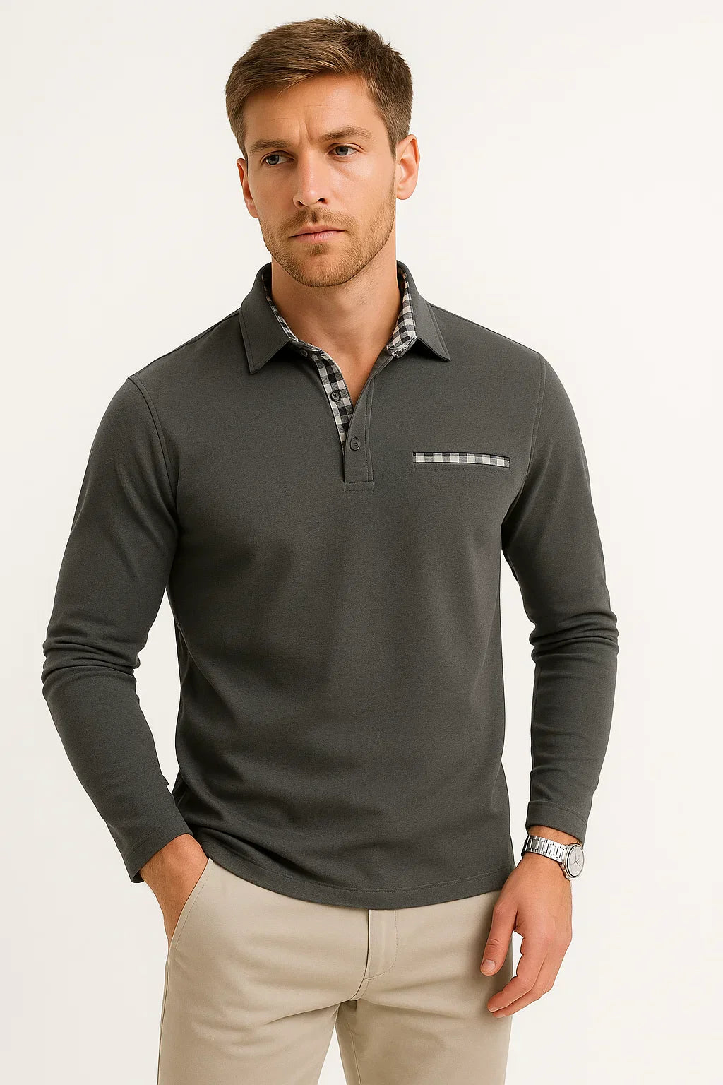 Men's Long Sleeve Polo Shirt | Knit Texture | Classic Regular Fit