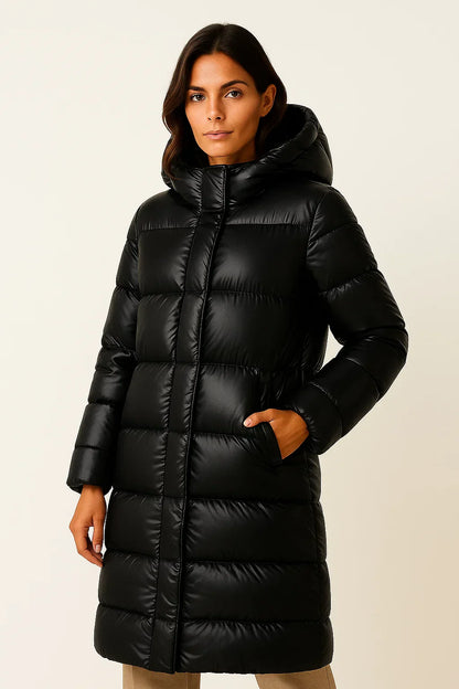 Women's Long Down Puffer Coat | Hooded Quilted Design | Winter Insulated