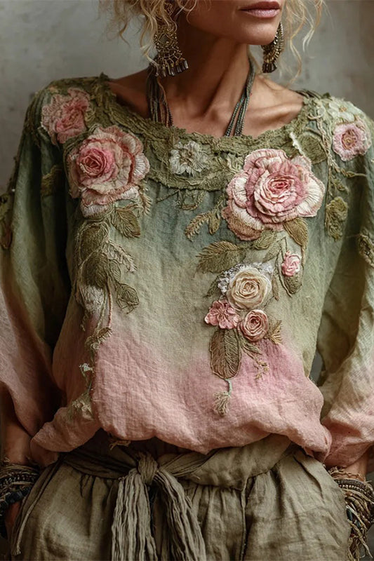 Bohemian Floral Print Round Neck Long-sleeved Loose Top