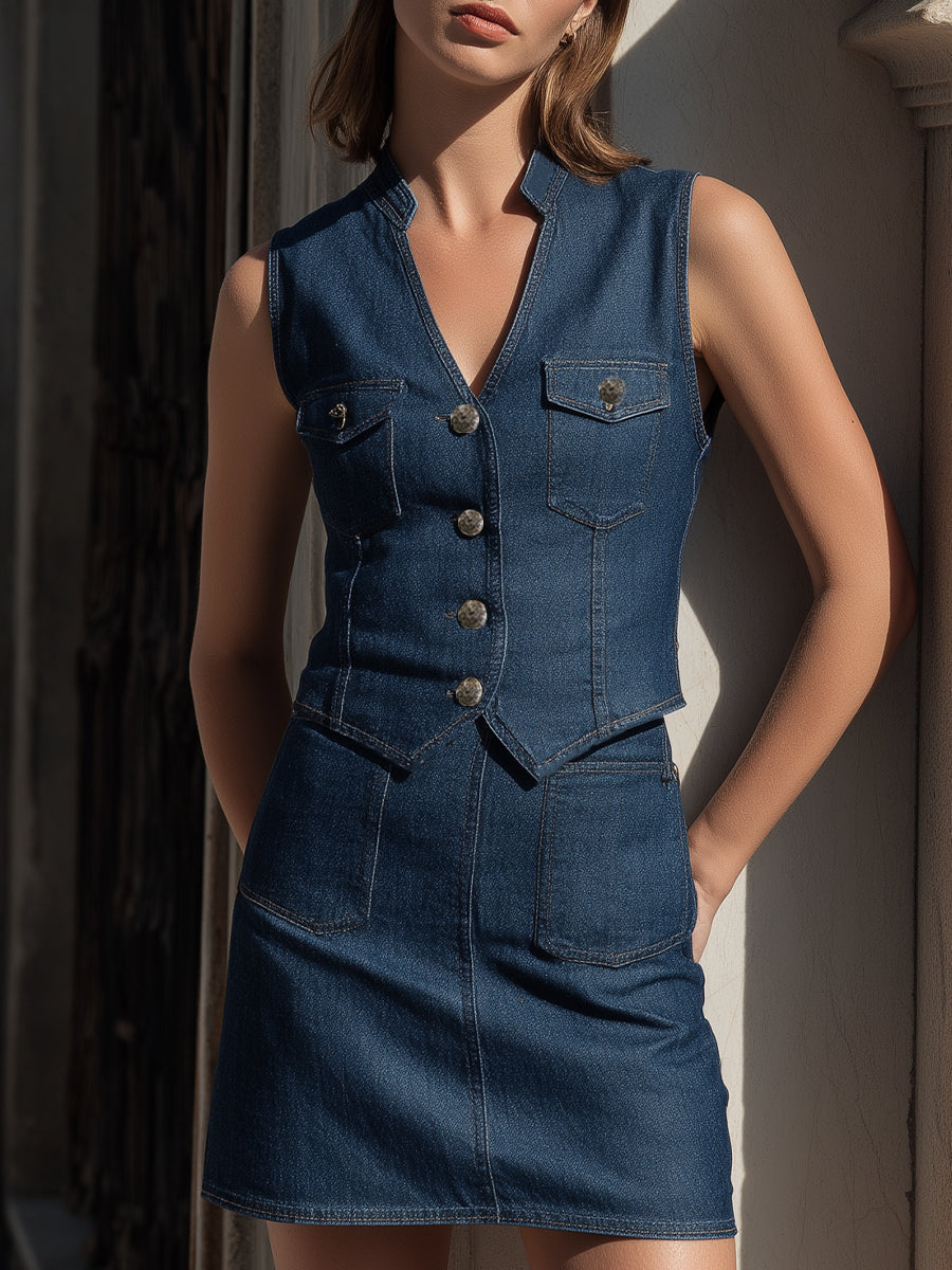 Sleeveless Denim-Effect Tailored Vest & Mini Skirt Two-Piece Set