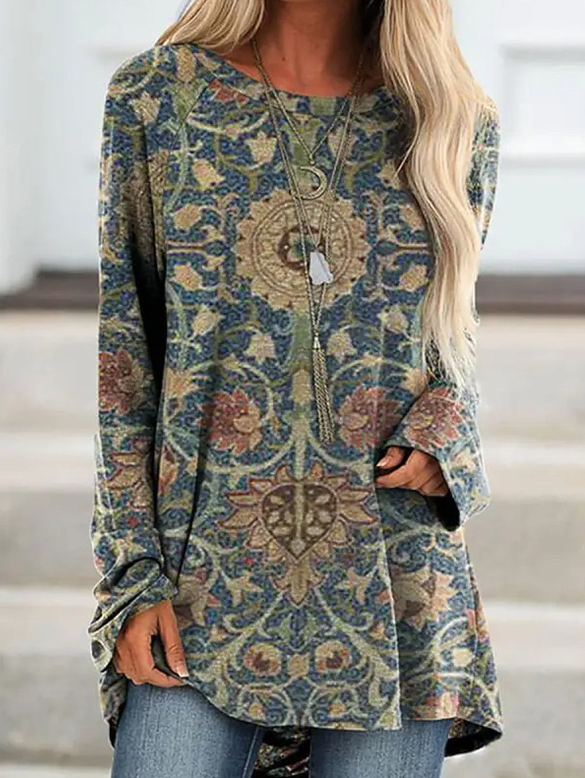 Ethnic Retro Print Crew Neck Long Sleeve T-Shirt