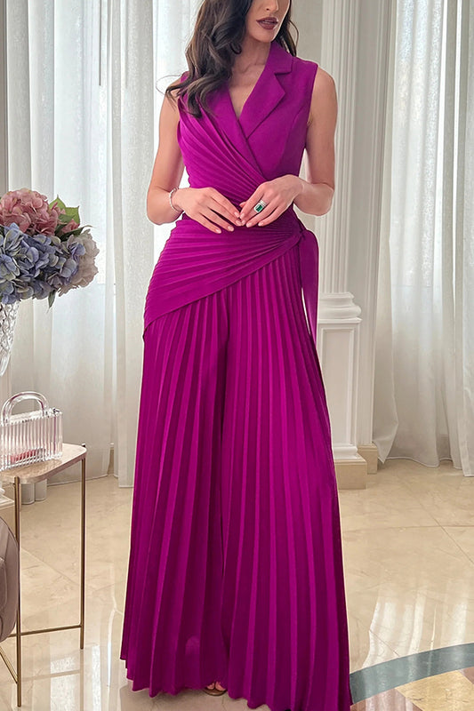 Solid Color Lapel Sleeveless Waist Tie Pleated Wide-leg Jumpsuit