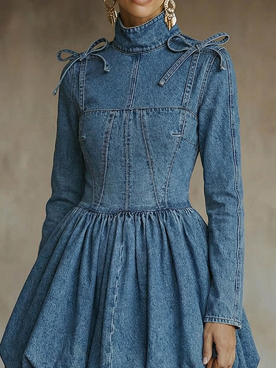 sheenchic Daily Blue High Collar Long Sleeve Lace Up Boho Contrast Denim Mini Dresses [Pre-Order]