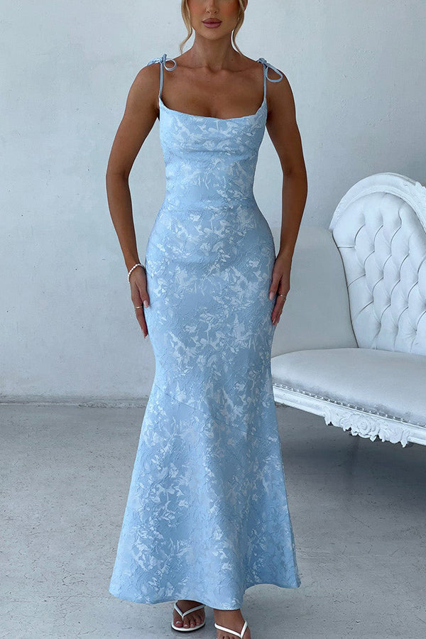 Jacquard Fabric Elegant Suspender Tie Slim Fishtail Maxi Dress