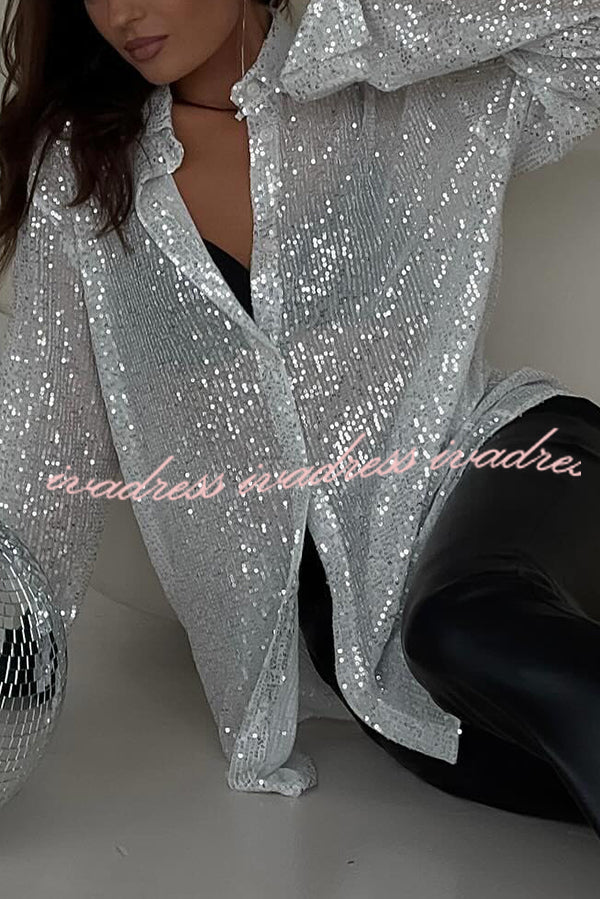 Fashion Sequin Lapel Long Sleeve Loose Shirt