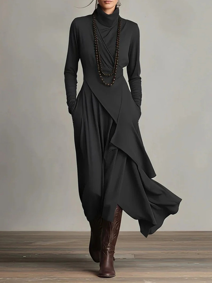 Daily Purple Mock Neck Long Sleeve Pocket Casual Asymmetric Hem Midi Dresses