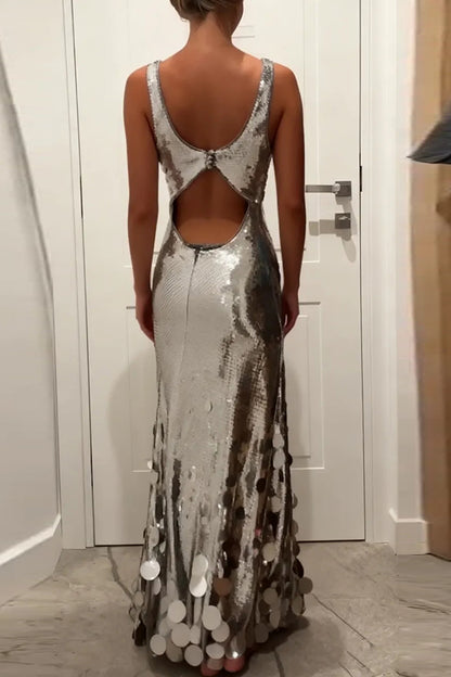 Party Tips Sequin Irregular Round Tassels Hem Back Cutout Tank Maxi Dress