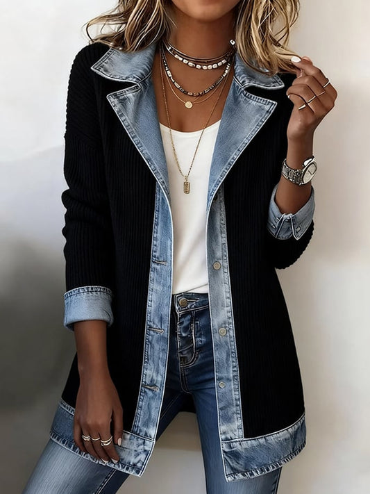 Daily Knitted Black Turndown Collar Long Sleeve Contrast Casual Button Denim Cardigans