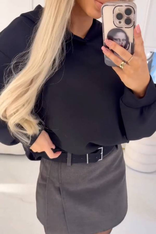 Black Hooded Sweatshirt with Rhinestone Embellished Cutout Back