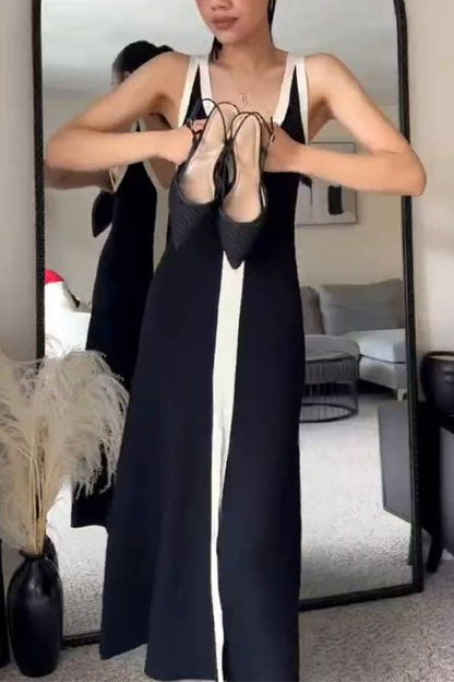 Vestido largo de tirantes con escote en V profundo y bloques de color 