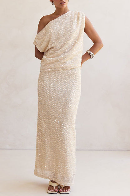 Milla Knit Sequin Asymmetrical Neck Draped Loose Top