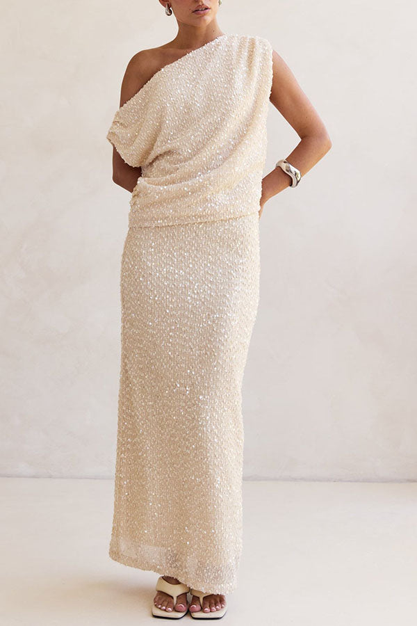 Milla Knit Sequin High Rise Side Zipper Slit Straight Maxi Skirt