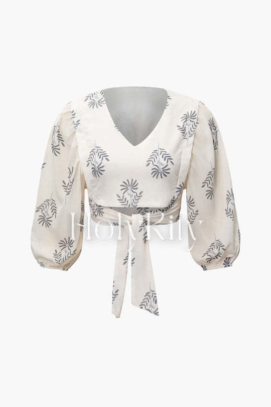 Printed V-neck Knot Front Blouse And Slit Hem Pants