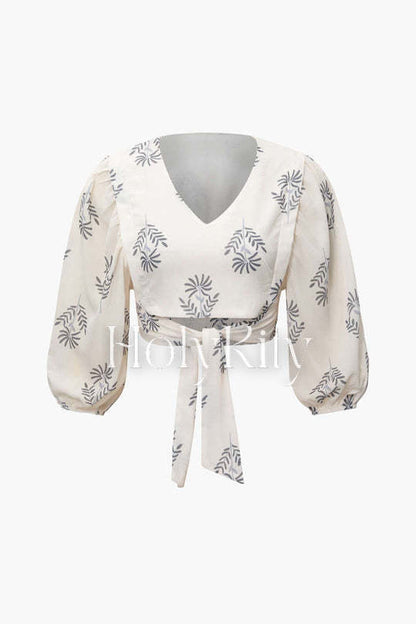 Printed V-neck Knot Front Blouse And Slit Hem Pants