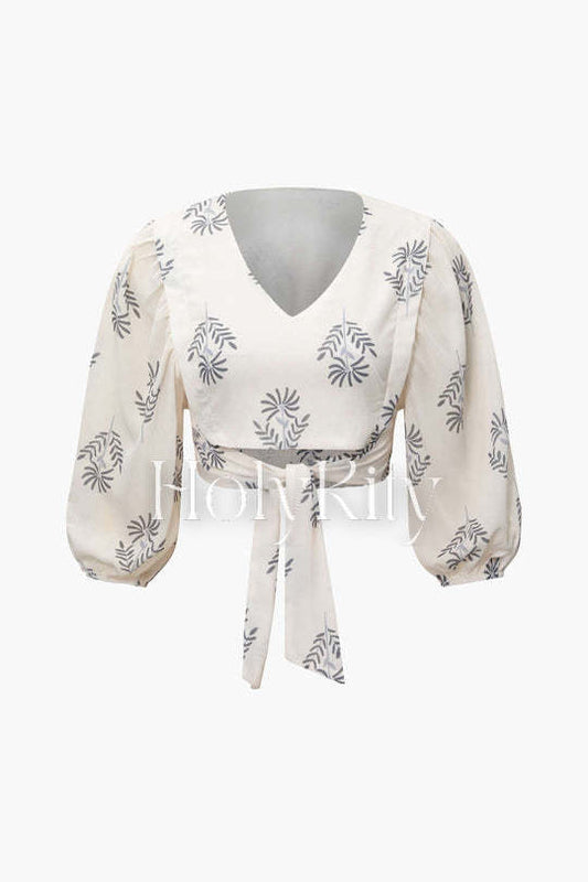 Printed V-neck Knot Front Blouse And Slit Hem Pants