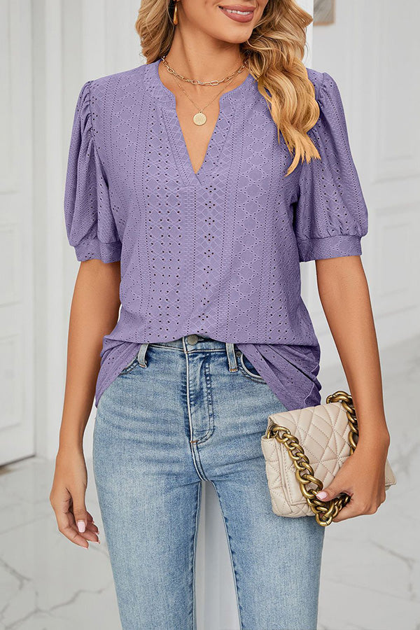 Camiseta holgada informal con cuello en V y mangas abullonadas huecas de color liso para mujer