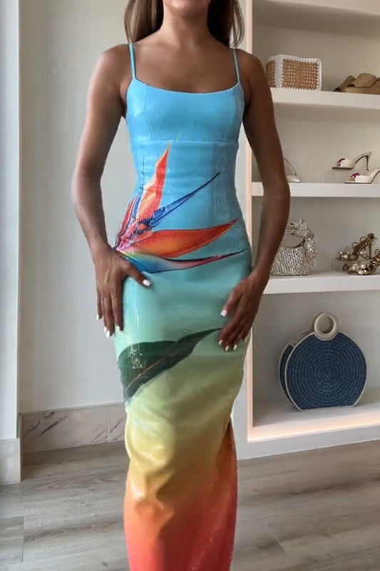 Vestido largo elástico con abertura y estampado floral degradado único de lentejuelas de ensueño 