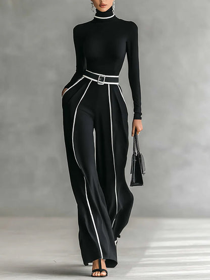 Elegant Black Knitted Contrast Binding Long Sleeve Top & Wide Leg Pants 2Pcs Set