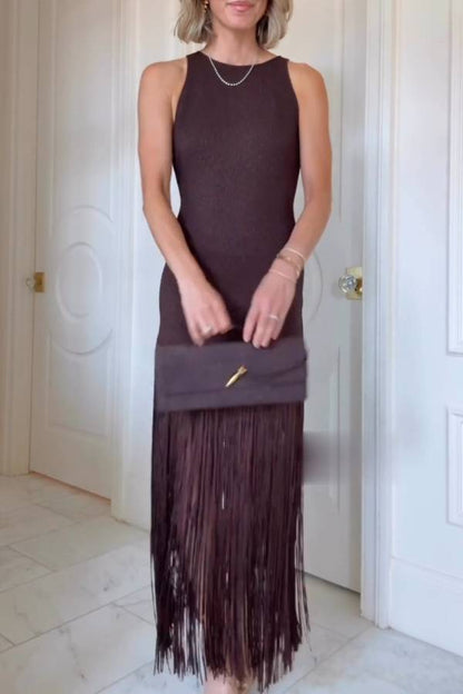 Sleeveless knitted maxi dress with tassels