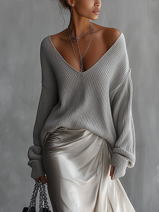 Gray Light Deep V-Neck Knit Sweater And Satin Skirt Set