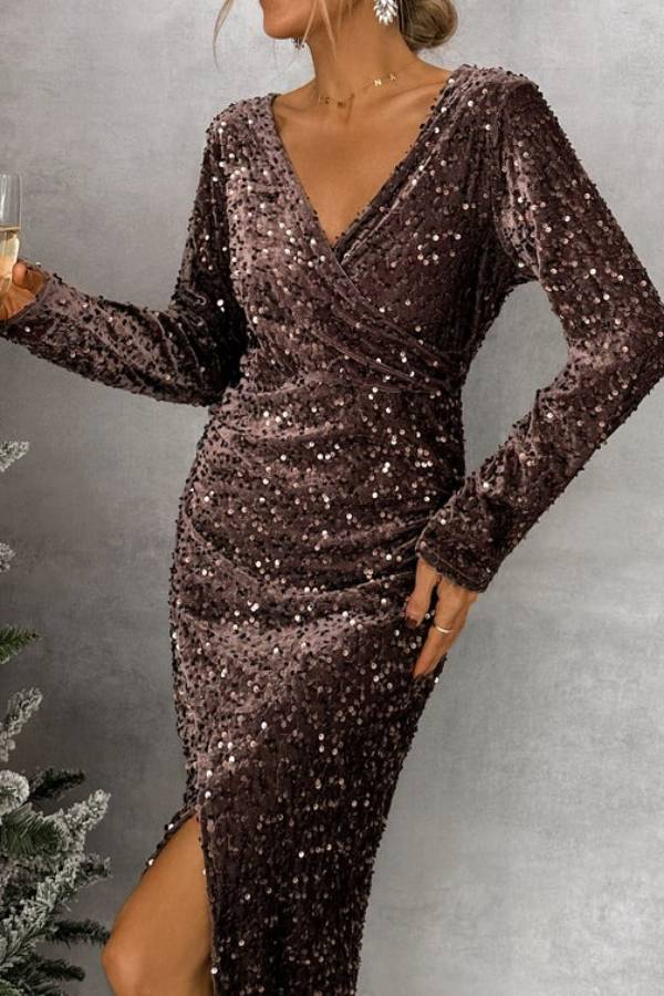 VESTIDO MIDI DE LENTEJUELAS CHOCOLATE 