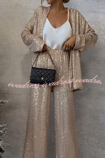 Party Scene Sequin Open Front Long Sleeve Drape Coat