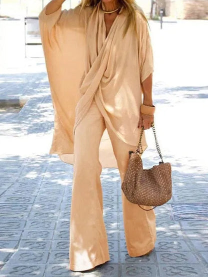 Casual Solid Loose V Neck Batwing Sleeve Blouse & Pants 2Pcs Set