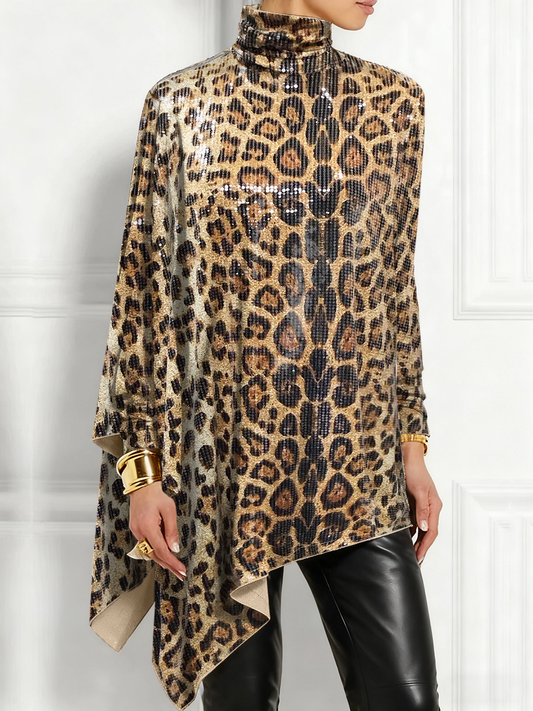 sheenchic Party Metallic Brown Leopard High Collar Long Sleeve Irregular Hem Elegant Sequin Blouses
