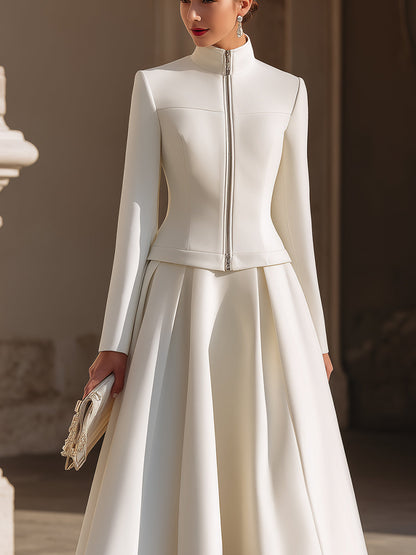 Stand Collar Zip-Up Jacket And Pleated Midi Skirt Set
