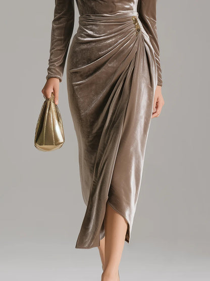 Christmas Red Cowl Neck Long Sleeve Fold Elegant Velvet Midi Dresses