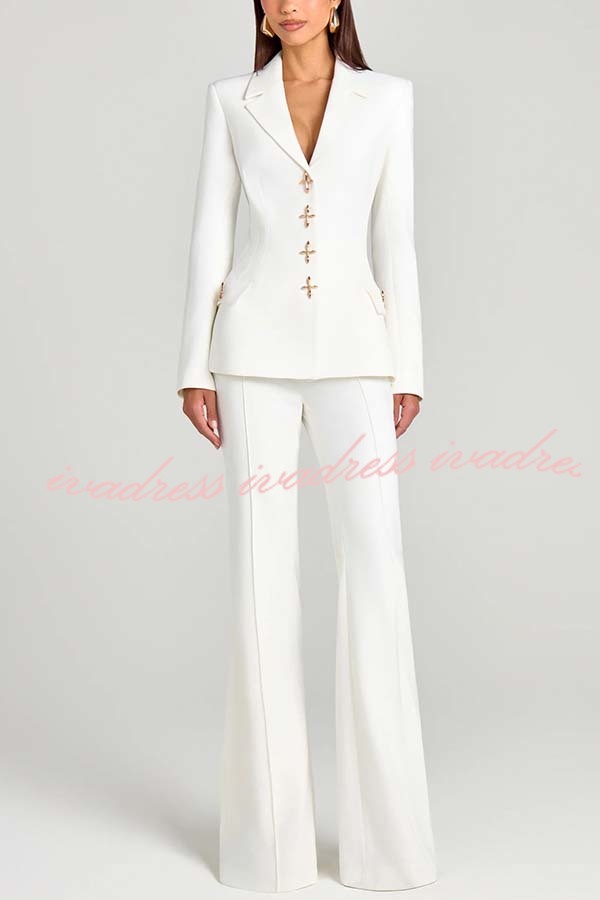 Women Power Metal Cross Snap Button Long Sleeve Lapel Blazer