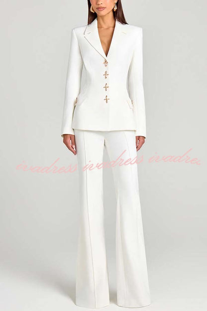 Women Power Metal Cross Snap Button Long Sleeve Lapel Blazer