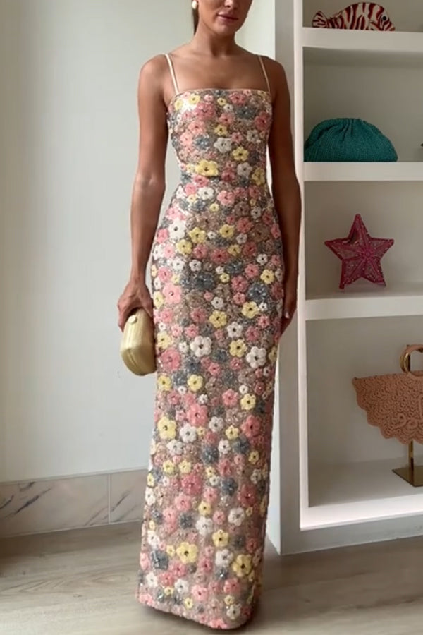 Vestido largo elástico con escote cuadrado y lentejuelas y estampado floral inspirado en los años 80 