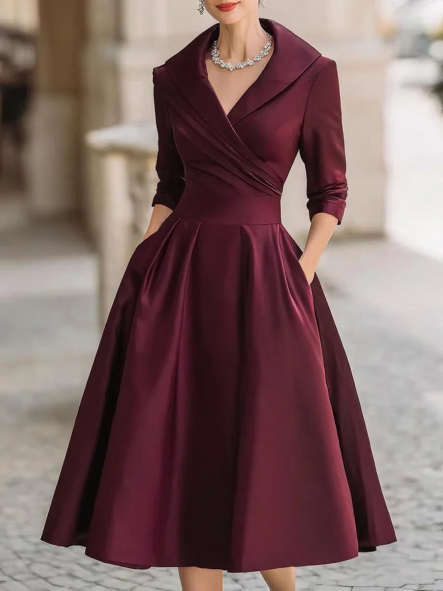 Business Casual Black Cascade Front Long Sleeve Ruffled Elegant Satin Midi Dresses