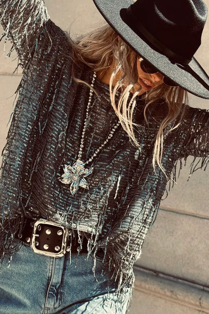 Party Crasher Sequin Tassle Fabric Long Sleeve Loose Top