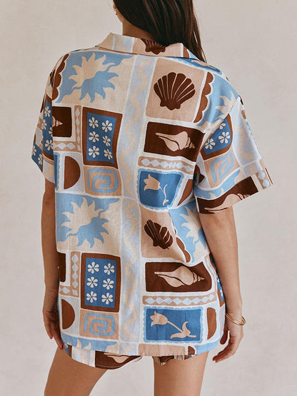 Unique Casual Scallop Painting Print Shorts Two-piece Set