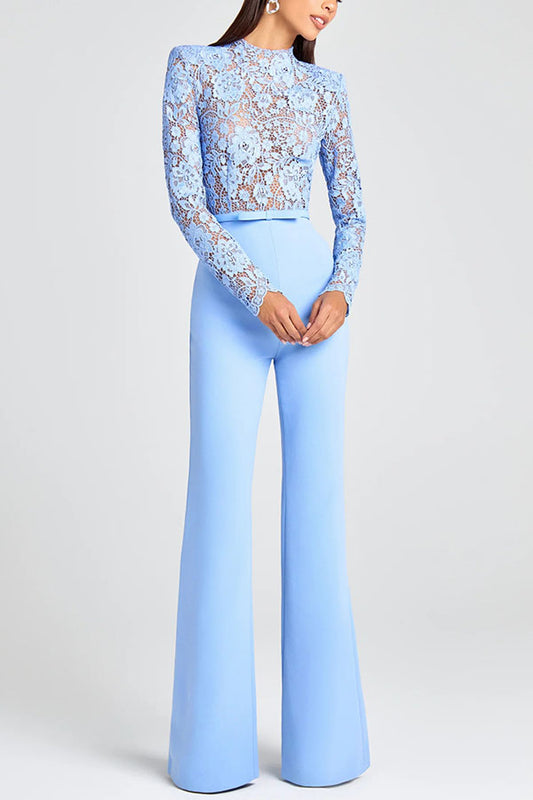 Party Charmer Flower Lace Patchwork Long Sleeve Bow Belted Flare Jumpsuit