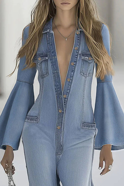 Stylish Bell Sleeves Single-breasted Casual Denim Jumpsuit