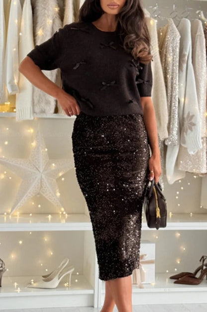 Light The Night Velvet Sequin High Rise Elastic Waist Pencil Slit Midi Skirt
