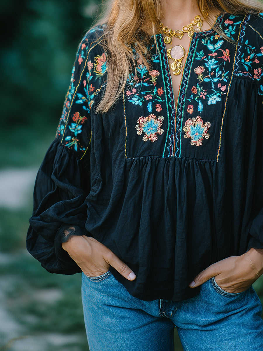 sheenchic Vacation Black V Neck Lantern Sleeve Long Sleeve Embroidery Boho Contrast Linen Blouses [Pre-Order]