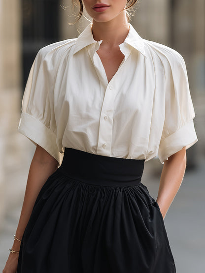 Pleated Short-Sleeve Shirt Top And High-Waist Shorts Set