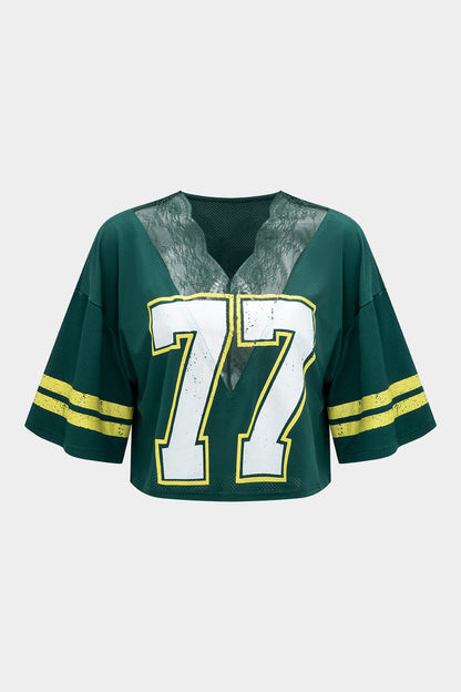 Stripe Letter Print Lace Trim Patchwork Short Sleeve T-Shirt